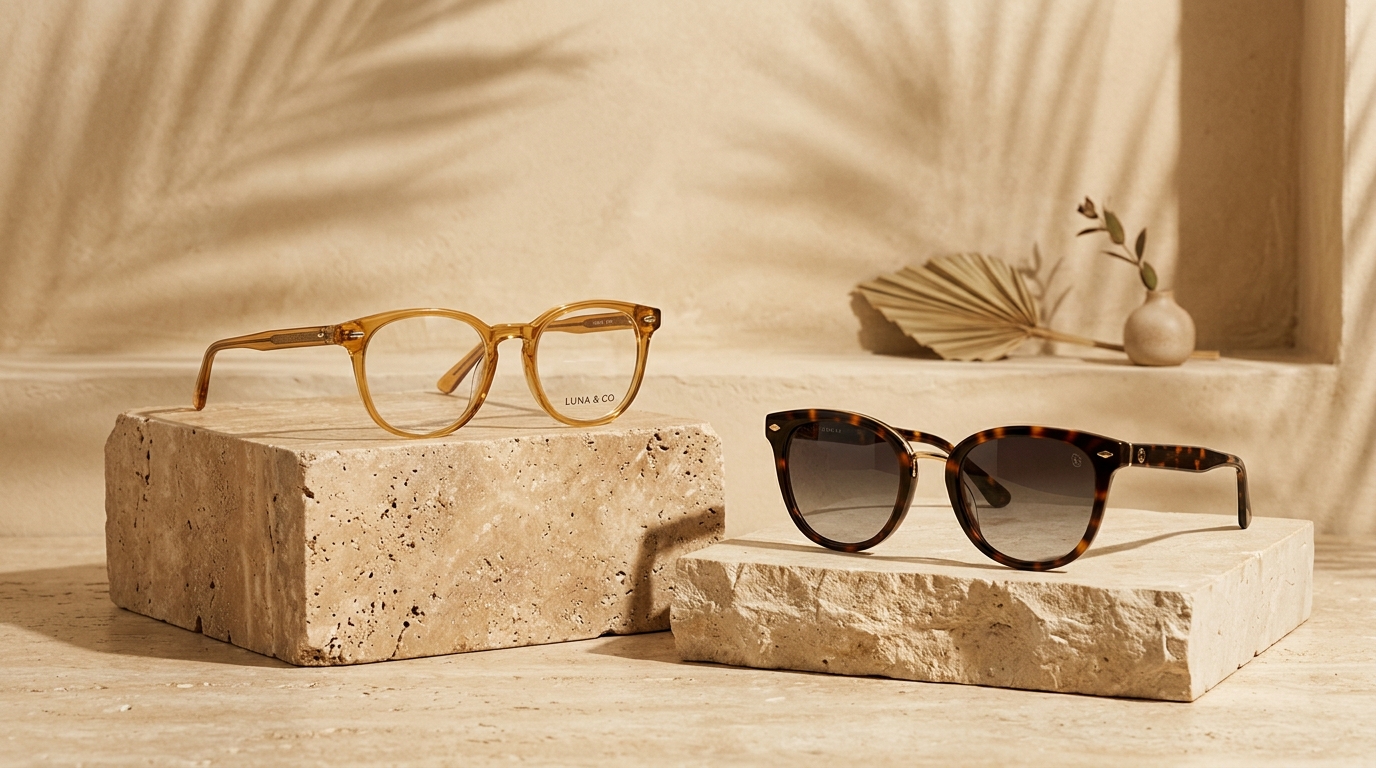 Luxury Eyewear on Travertine Stone Pedestals